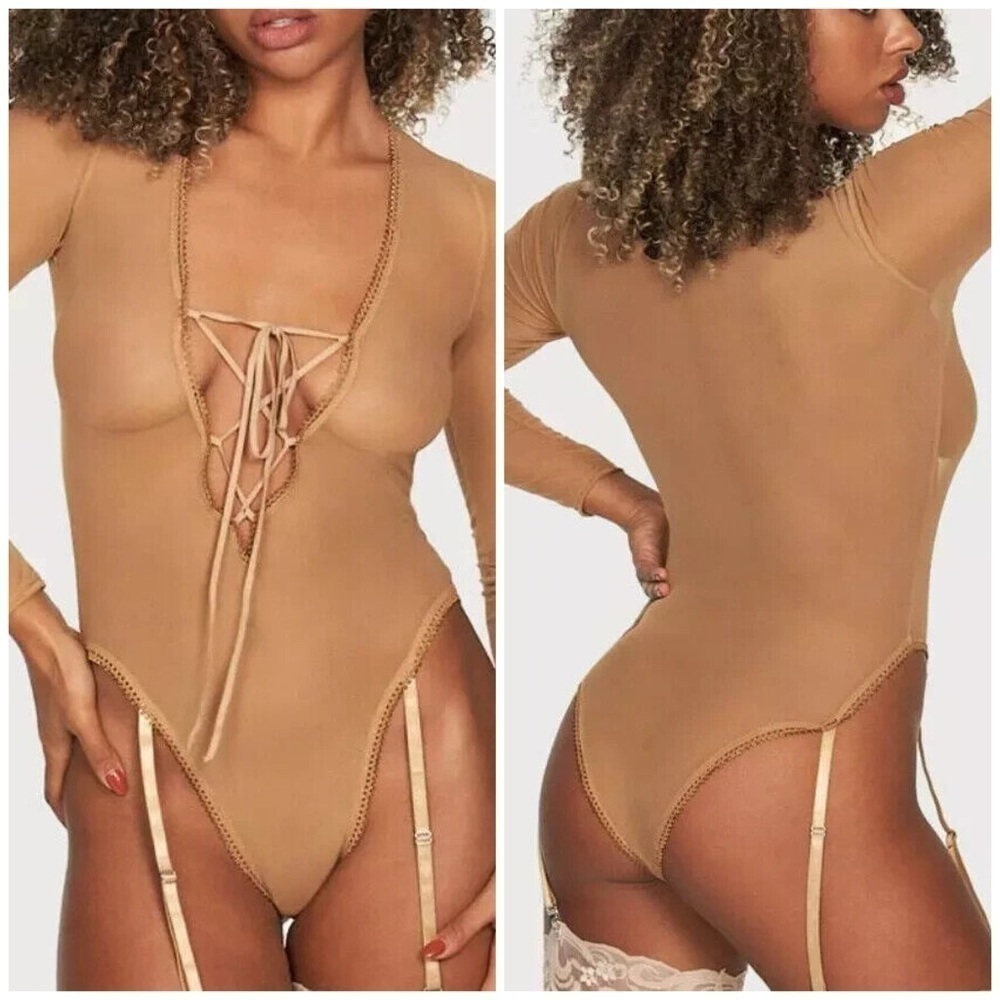 NWT Frederick’s of Hollywood Lola Lee Nude Mesh Teddy, Lace-Up, Garter Straps, S